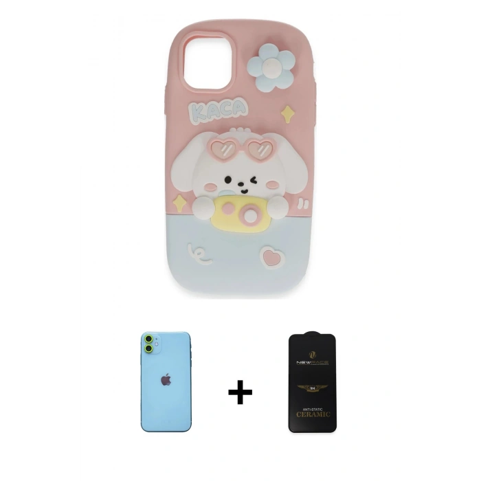 MARSİLYAN™- iPhone 11 Kılıf Akış Yansıma - Siyah 6D Antistatik Mat Seramik Hayalet Nano Ekran Koruyucu + Neon Fosforlu Kamera Lens - YL