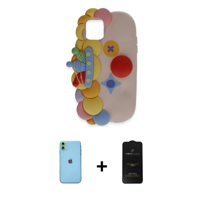 MARSİLYAN™- iPhone 11 Kılıf Akış Yansıma - Siyah 6D Antistatik Mat Seramik Hayalet Nano Ekran Koruyucu + Neon Fosforlu Kamera Lens - YL