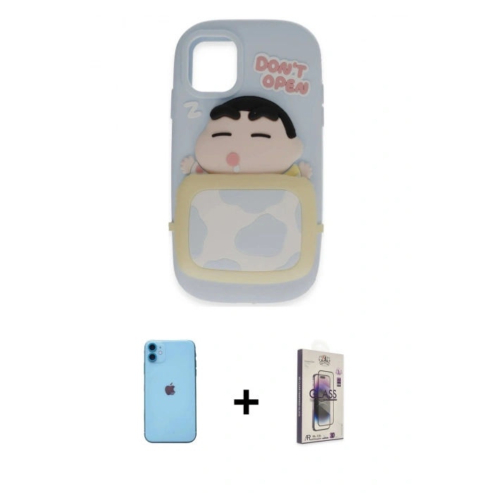 MARSİLYAN™- iPhone 11 Kılıf Akış Yansıma - Siyah Bilvis 3D Cam Ekran Koruyucu + Neon Fosforlu Kamera Lens - MI