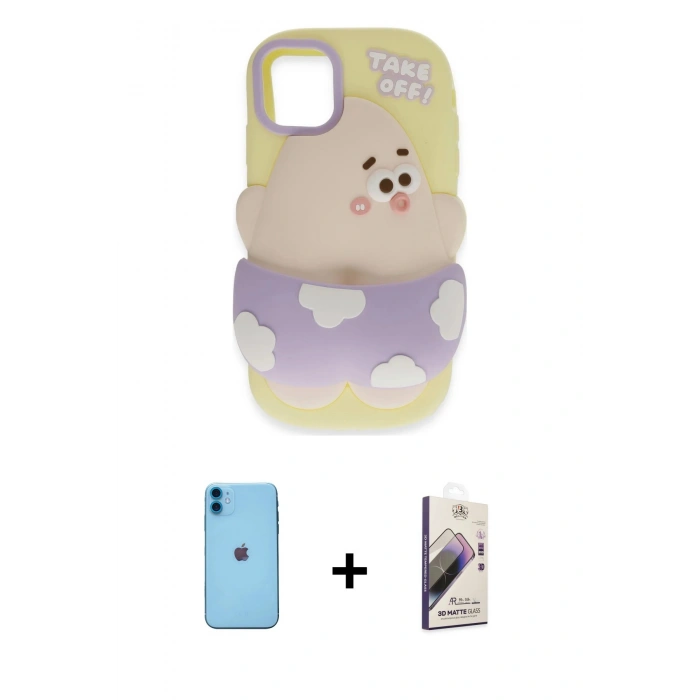 MARSİLYAN™- iPhone 11 Kılıf Akış Yansıma - Siyah Bilvis 3D Mat Cam Ekran Koruyucu + Neon Fosforlu Kamera Lens - MI