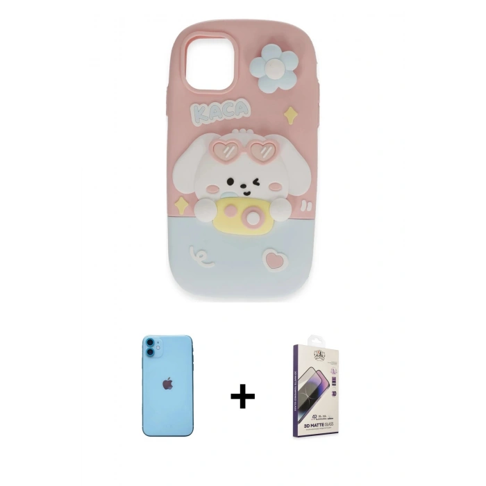 MARSİLYAN™- iPhone 11 Kılıf Akış Yansıma - Siyah Bilvis 3D Mat Cam Ekran Koruyucu + Neon Fosforlu Kamera Lens - MI