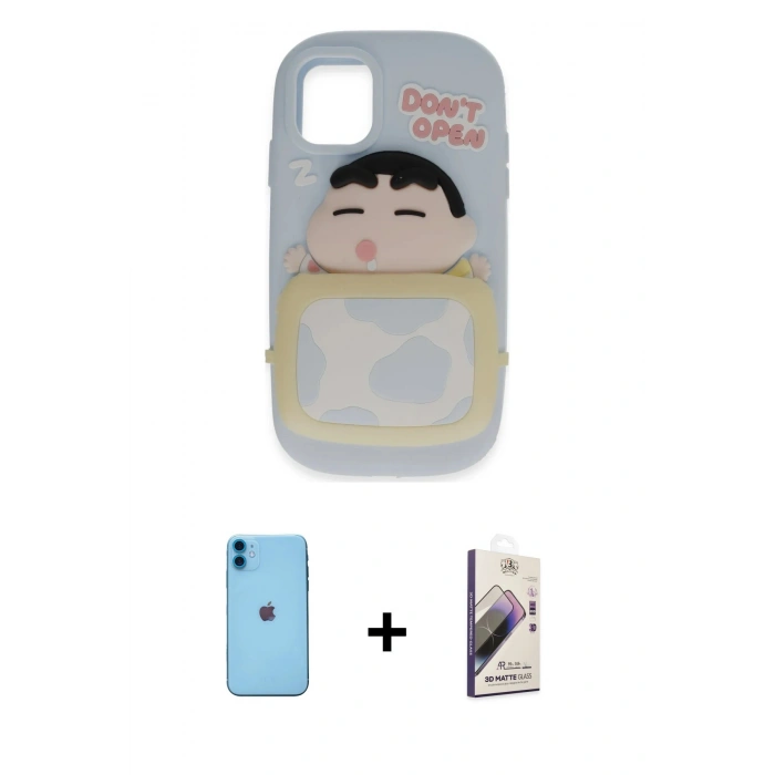 MARSİLYAN™- iPhone 11 Kılıf Akış Yansıma - Siyah Bilvis 3D Mat Cam Ekran Koruyucu + Neon Fosforlu Kamera Lens - MI