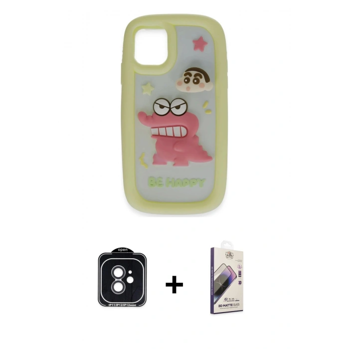 MARSİLYAN™- iPhone 11 Kılıf Akış Yansıma - Siyah Bilvis 3D Mat Cam Ekran Koruyucu + PVD Metal Kamera Lens - SH