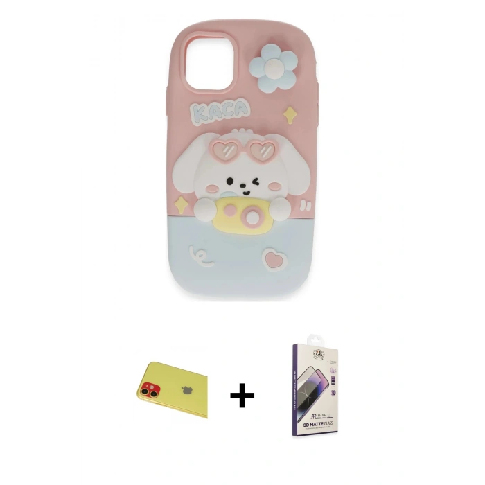MARSİLYAN™- iPhone 11 Kılıf Akış Yansıma - Siyah Bilvis 3D Mat Cam Ekran Koruyucu + Rainbow Kamera Lens Koruma Cam - KI
