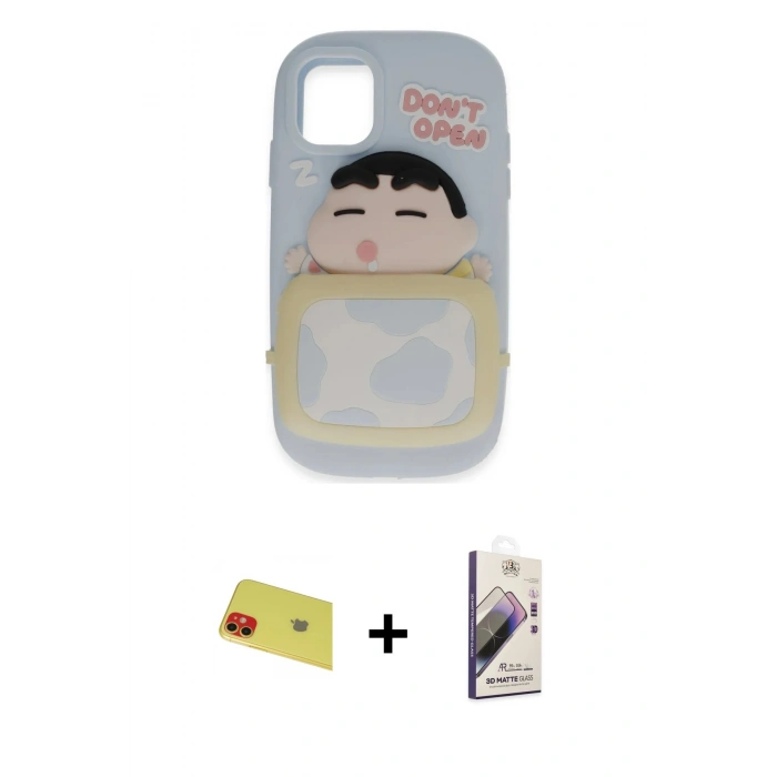 MARSİLYAN™- iPhone 11 Kılıf Akış Yansıma - Siyah Bilvis 3D Mat Cam Ekran Koruyucu + Rainbow Kamera Lens Koruma Cam - KI