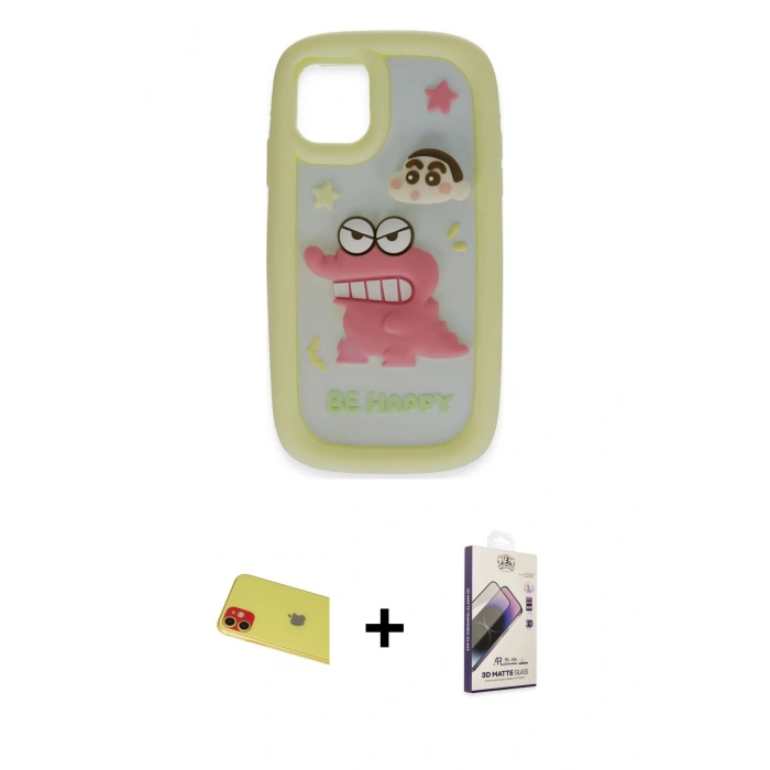 MARSİLYAN™- iPhone 11 Kılıf Akış Yansıma - Siyah Bilvis 3D Mat Cam Ekran Koruyucu + Rainbow Kamera Lens Koruma Cam - KI