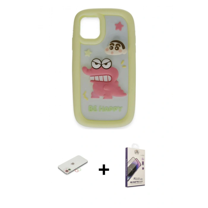 MARSİLYAN™- iPhone 11 Kılıf Akış Yansıma - Siyah Bilvis 3D Mat Cam Ekran Koruyucu + Renkli Kamera Lens Koruma Cam - YL