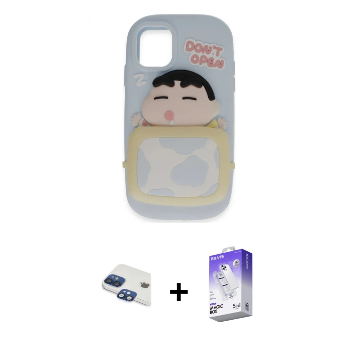 MARSİLYAN™- iPhone 11 Kılıf Akış Yansıma - Siyah Bilvis 5in1 3D Magic Cam Ekran Koruyucu + Lacivert Pers Alüminyum Kamera Lens