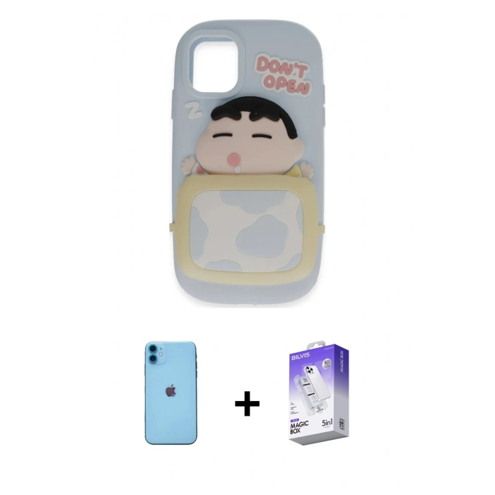 MARSİLYAN™- iPhone 11 Kılıf Akış Yansıma - Siyah Bilvis 5in1 3D Magic Cam Ekran Koruyucu + Mavi Neon Fosforlu Kamera Lens