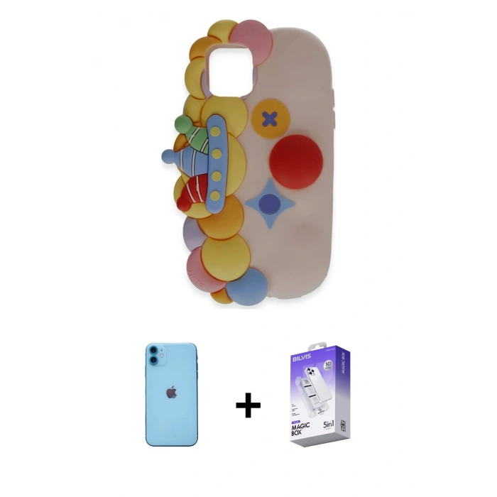 MARSİLYAN™- iPhone 11 Kılıf Akış Yansıma - Siyah Bilvis 5in1 3D Magic Cam Ekran Koruyucu + Mavi Neon Fosforlu Kamera Lens
