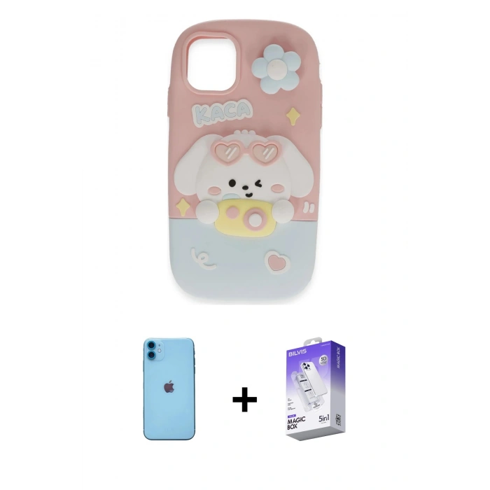 MARSİLYAN™- iPhone 11 Kılıf Akış Yansıma - Siyah Bilvis 5in1 3D Magic Cam Ekran Koruyucu + Mavi Neon Fosforlu Kamera Lens
