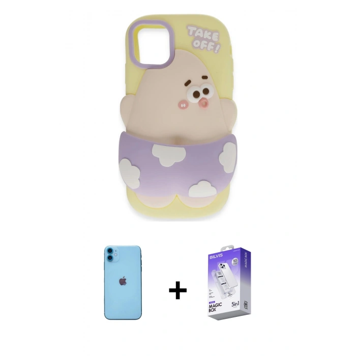 MARSİLYAN™- iPhone 11 Kılıf Akış Yansıma - Siyah Bilvis 5in1 3D Magic Cam Ekran Koruyucu + Mavi Neon Fosforlu Kamera Lens