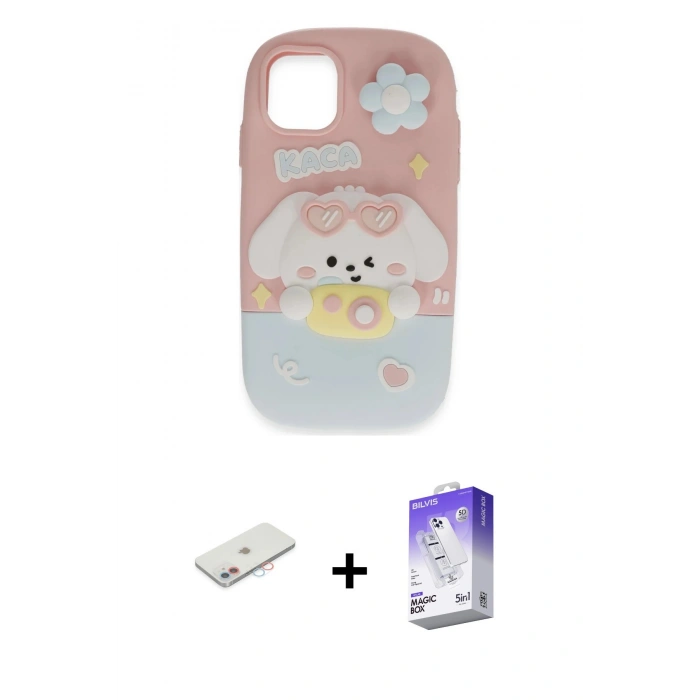 MARSİLYAN™- iPhone 11 Kılıf Akış Yansıma - Siyah Bilvis 5in1 3D Magic Cam Ekran Koruyucu + Renkli Kamera Lens Koruma Cam - PE