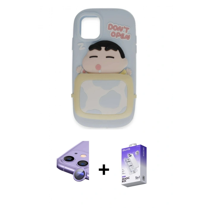 MARSİLYAN™- iPhone 11 Kılıf Akış Yansıma - Siyah Bilvis 5in1 3D Magic Cam Ekran Koruyucu + Raze Metal Kamera Lens - MR