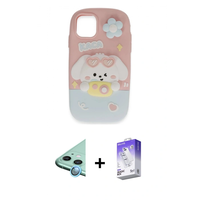 MARSİLYAN™- iPhone 11 Kılıf Akış Yansıma - Siyah Bilvis 5in1 3D Magic Cam Ekran Koruyucu + Raze Metal Kamera Lens - MI