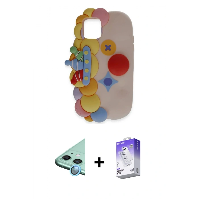 MARSİLYAN™- iPhone 11 Kılıf Akış Yansıma - Siyah Bilvis 5in1 3D Magic Cam Ekran Koruyucu + Raze Metal Kamera Lens - MI