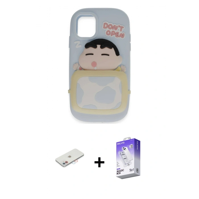 MARSİLYAN™- iPhone 11 Kılıf Akış Yansıma - Siyah Bilvis 5in1 3D Magic Cam Ekran Koruyucu + Renkli Kamera Lens Koruma Cam - PE