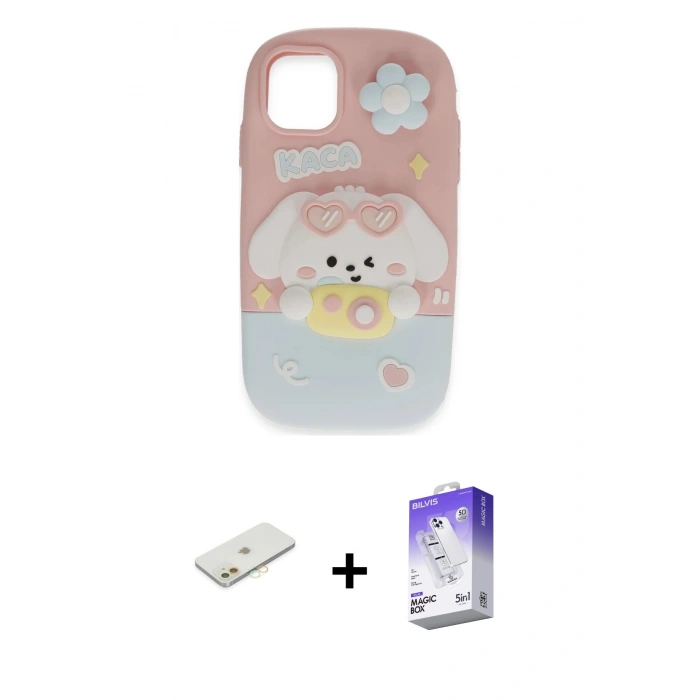 MARSİLYAN™- iPhone 11 Kılıf Akış Yansıma - Siyah Bilvis 5in1 3D Magic Cam Ekran Koruyucu + Renkli Kamera Lens Koruma Cam - TU