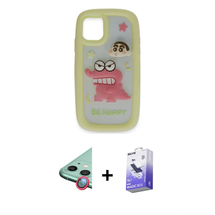 MARSİLYAN™- iPhone 11 Kılıf Akış Yansıma - Siyah Bilvis 5in1 5D Magic Hayalet Cam Ekran Koruyucu + Raze Metal Kamera Lens - KI
