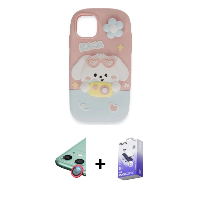 MARSİLYAN™- iPhone 11 Kılıf Akış Yansıma - Siyah Bilvis 5in1 5D Magic Hayalet Cam Ekran Koruyucu + Raze Metal Kamera Lens - KI