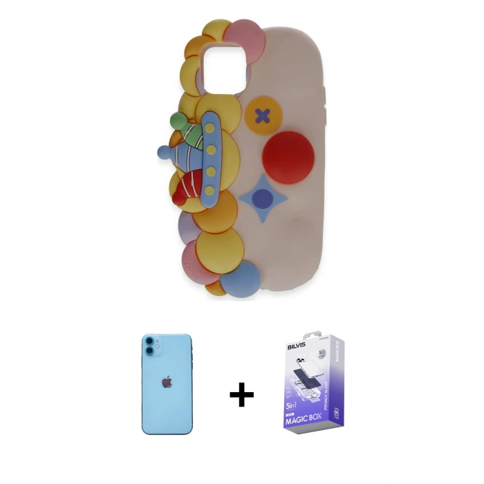 MARSİLYAN™- iPhone 11 Kılıf Akış Yansıma - Siyah Bilvis 5in1 5D Magic Hayalet Cam Ekran Koruyucu + Mavi Neon Fosforlu Kamera Lens