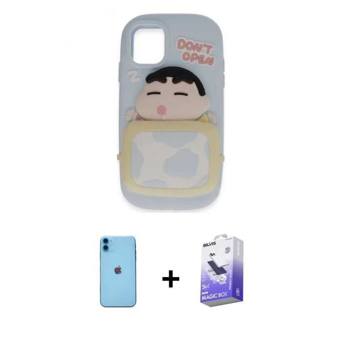 MARSİLYAN™- iPhone 11 Kılıf Akış Yansıma - Siyah Bilvis 5in1 5D Magic Hayalet Cam Ekran Koruyucu + Mavi Neon Fosforlu Kamera Lens