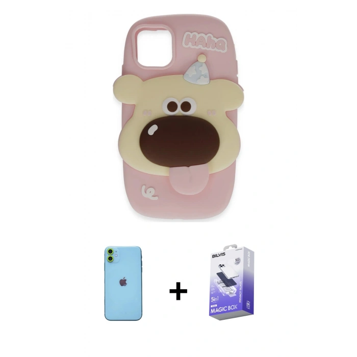 MARSİLYAN™- iPhone 11 Kılıf Akış Yansıma - Siyah Bilvis 5in1 5D Magic Hayalet Cam Ekran Koruyucu + Neon Fosforlu Kamera Lens - YL