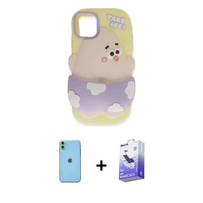 MARSİLYAN™- iPhone 11 Kılıf Akış Yansıma - Siyah Bilvis 5in1 5D Magic Hayalet Cam Ekran Koruyucu + Neon Fosforlu Kamera Lens - YL