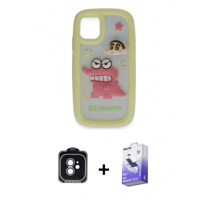 MARSİLYAN™- iPhone 11 Kılıf Akış Yansıma - Siyah Bilvis 5in1 5D Magic Hayalet Cam Ekran Koruyucu + PVD Metal Kamera Lens - MI