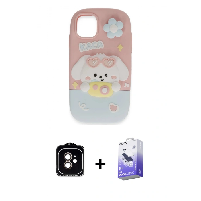 MARSİLYAN™- iPhone 11 Kılıf Akış Yansıma - Siyah Bilvis 5in1 5D Magic Hayalet Cam Ekran Koruyucu + PVD Metal Kamera Lens - TU