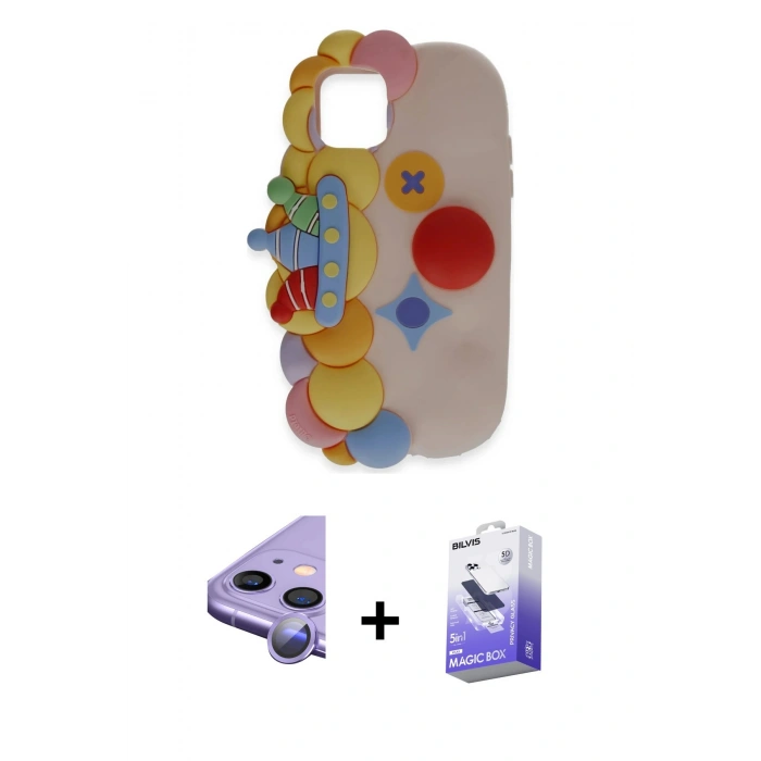 MARSİLYAN™- iPhone 11 Kılıf Akış Yansıma - Siyah Bilvis 5in1 5D Magic Hayalet Cam Ekran Koruyucu + Raze Metal Kamera Lens - MR