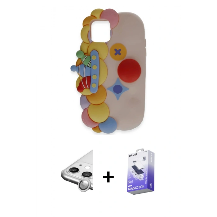 MARSİLYAN™- iPhone 11 Kılıf Akış Yansıma - Siyah Bilvis 5in1 5D Magic Hayalet Cam Ekran Koruyucu + Raze Metal Kamera Lens - GS