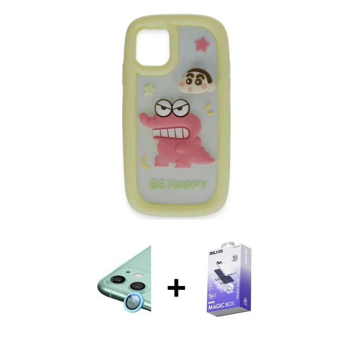MARSİLYAN™- iPhone 11 Kılıf Akış Yansıma - Siyah Bilvis 5in1 5D Magic Hayalet Cam Ekran Koruyucu + Raze Metal Kamera Lens - MI