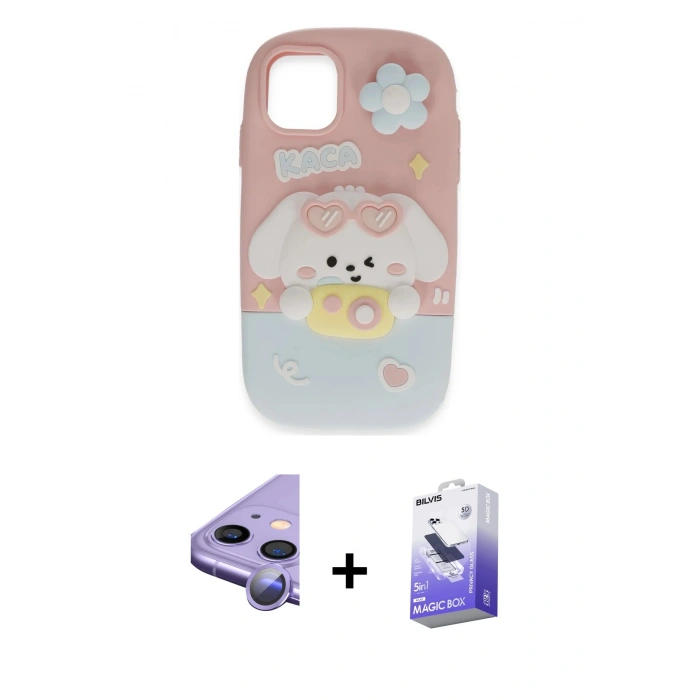 MARSİLYAN™- iPhone 11 Kılıf Akış Yansıma - Siyah Bilvis 5in1 5D Magic Hayalet Cam Ekran Koruyucu + Raze Metal Kamera Lens - MR