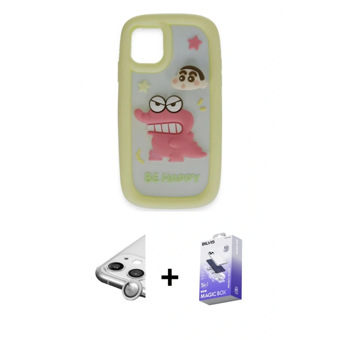 MARSİLYAN™- iPhone 11 Kılıf Akış Yansıma - Siyah Bilvis 5in1 5D Magic Hayalet Cam Ekran Koruyucu + Raze Metal Kamera Lens - GS