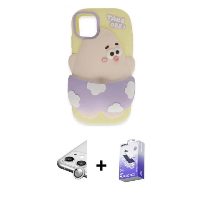 MARSİLYAN™- iPhone 11 Kılıf Akış Yansıma - Siyah Bilvis 5in1 5D Magic Hayalet Cam Ekran Koruyucu + Raze Metal Kamera Lens - GS