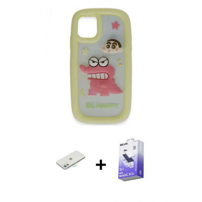 MARSİLYAN™- iPhone 11 Kılıf Akış Yansıma - Siyah Bilvis 5in1 5D Magic Hayalet Cam Ekran Koruyucu + Renkli Kamera Lens Koruma Cam - SI