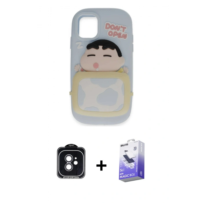 MARSİLYAN™- iPhone 11 Kılıf Akış Yansıma - Siyah Bilvis 5in1 5D Magic Hayalet Cam Ekran Koruyucu + PVD Metal Kamera Lens - SH