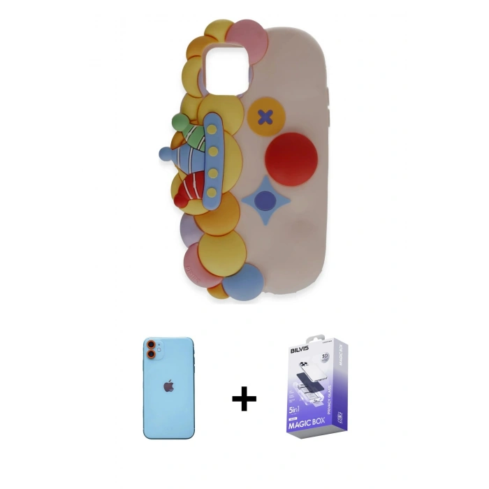 MARSİLYAN™- iPhone 11 Kılıf Akış Yansıma - Siyah Bilvis 5in1 5D Magic Hayalet Cam Ekran Koruyucu + Neon Fosforlu Kamera Lens - TU