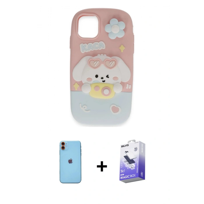 MARSİLYAN™- iPhone 11 Kılıf Akış Yansıma - Siyah Bilvis 5in1 5D Magic Hayalet Cam Ekran Koruyucu + Neon Fosforlu Kamera Lens - TU