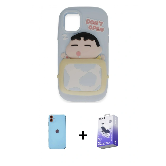 MARSİLYAN™- iPhone 11 Kılıf Akış Yansıma - Siyah Bilvis 5in1 5D Magic Hayalet Cam Ekran Koruyucu + Neon Fosforlu Kamera Lens - TU