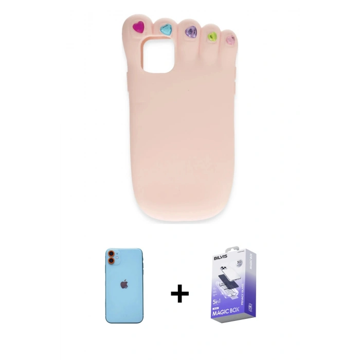 MARSİLYAN™- iPhone 11 Kılıf Akış Yansıma - Siyah Bilvis 5in1 5D Magic Hayalet Cam Ekran Koruyucu + Neon Fosforlu Kamera Lens - TU