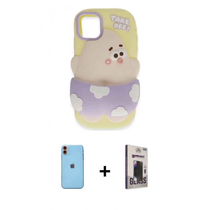 MARSİLYAN™- iPhone 11 Kılıf Akış Yansıma - Siyah Bilvis Hayalet Cam Ekran Koruyucu + Neon Fosforlu Kamera Lens - TU