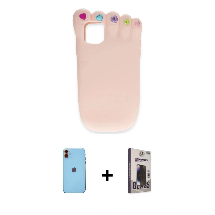 MARSİLYAN™- iPhone 11 Kılıf Akış Yansıma - Siyah Bilvis Hayalet Cam Ekran Koruyucu + Neon Fosforlu Kamera Lens - TU