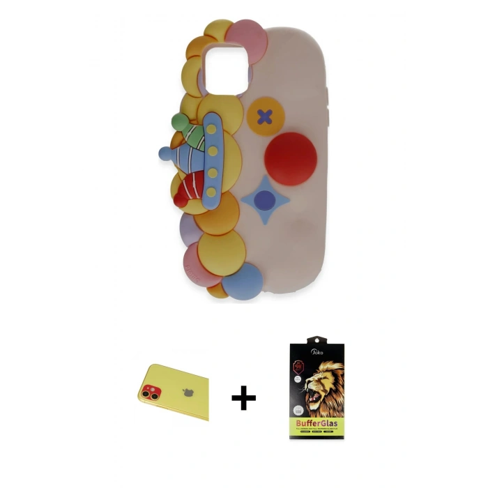 MARSİLYAN™- iPhone 11 Kılıf Akış Yansıma - Siyah Buffer Cam Ekran Koruyucu + Rainbow Kamera Lens Koruma Cam - KI