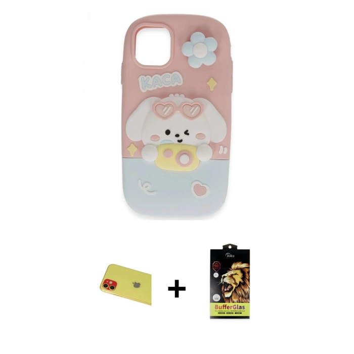 MARSİLYAN™- iPhone 11 Kılıf Akış Yansıma - Siyah Buffer Cam Ekran Koruyucu + Rainbow Kamera Lens Koruma Cam - KI