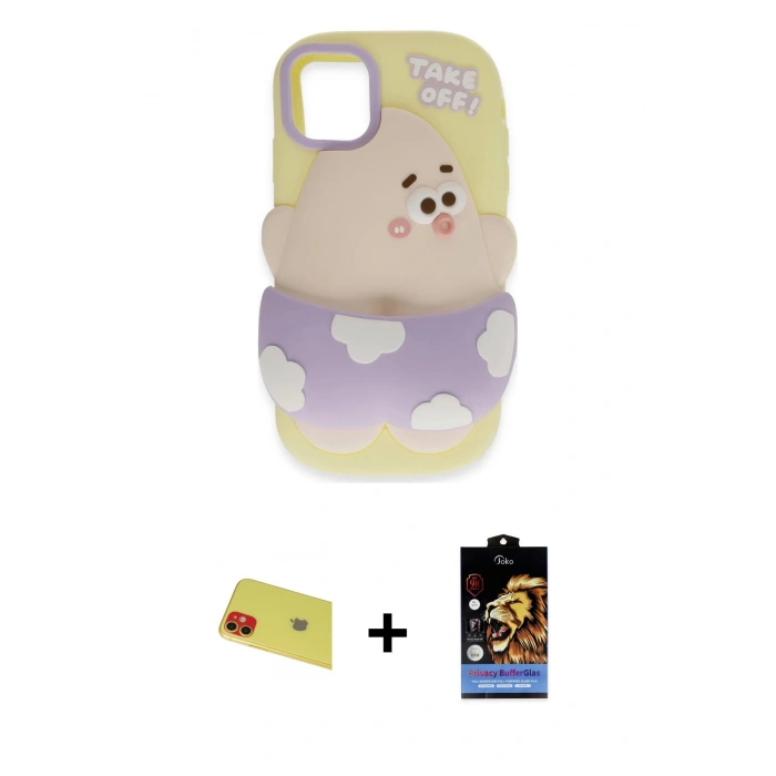 MARSİLYAN™- iPhone 11 Kılıf Akış Yansıma - Siyah Buffer Hayalet Cam Ekran Koruyucu + Rainbow Kamera Lens Koruma Cam - KI