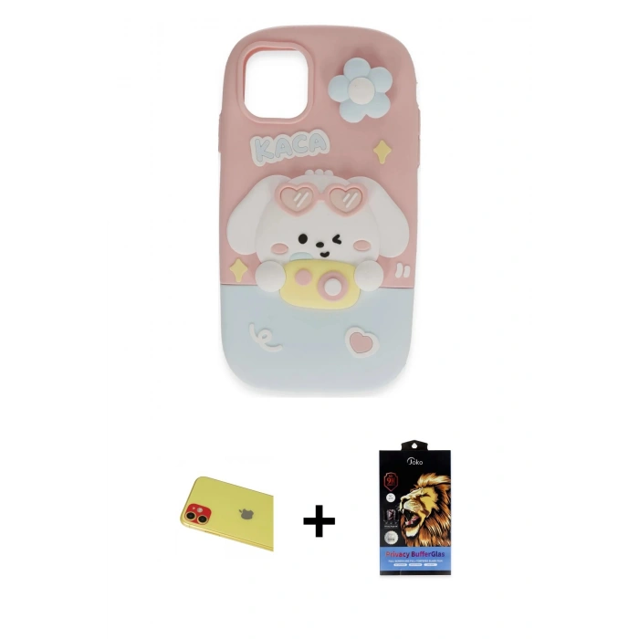 MARSİLYAN™- iPhone 11 Kılıf Akış Yansıma - Siyah Buffer Hayalet Cam Ekran Koruyucu + Rainbow Kamera Lens Koruma Cam - KI