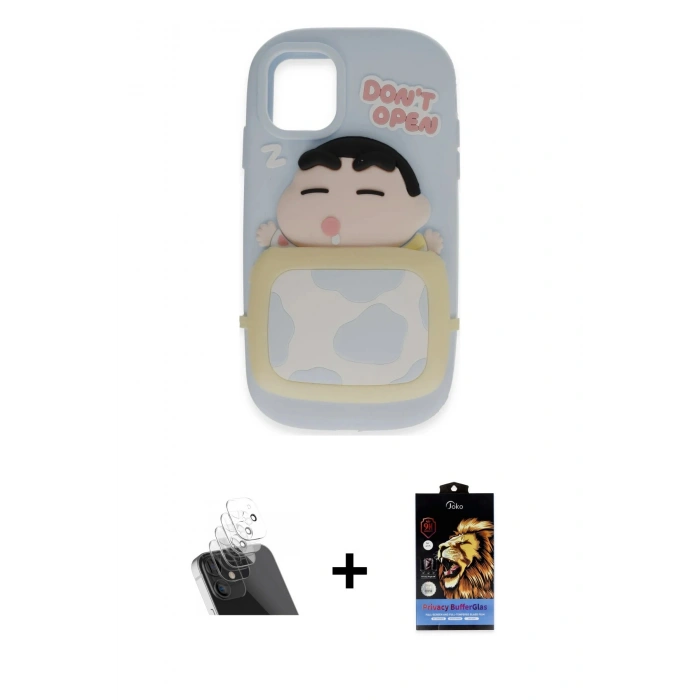 MARSİLYAN™- iPhone 11 Kılıf Akış Yansıma - Siyah Buffer Hayalet Cam Ekran Koruyucu + Kamera Lens Koruma Cam - SF