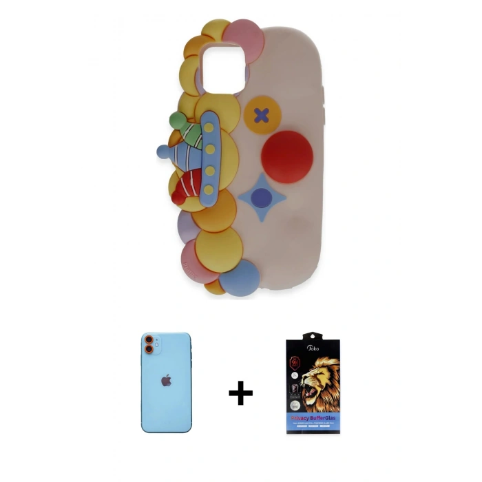 MARSİLYAN™- iPhone 11 Kılıf Akış Yansıma - Siyah Buffer Hayalet Cam Ekran Koruyucu + Neon Fosforlu Kamera Lens - TU